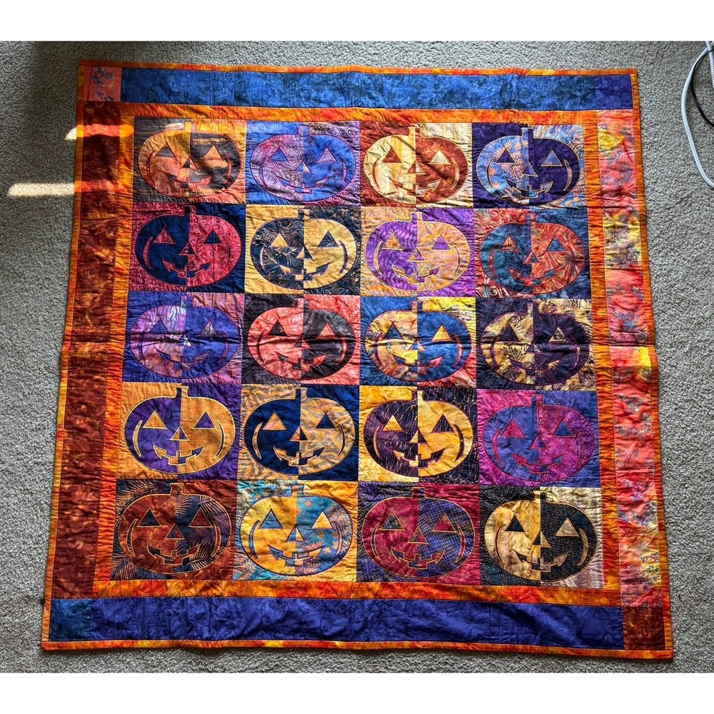 Handmade Quilt Jack O Lantern Pumpkin Halloween Cotton Batik Orange